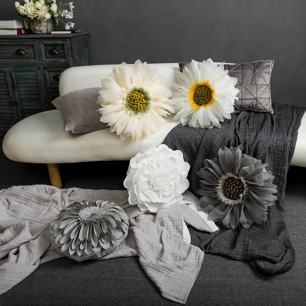 VG|creamy-white|Flower Throw Pillow Cover Decorative Round Pillowcase Floral Cushion for Bed Sofa Couch Car Decor